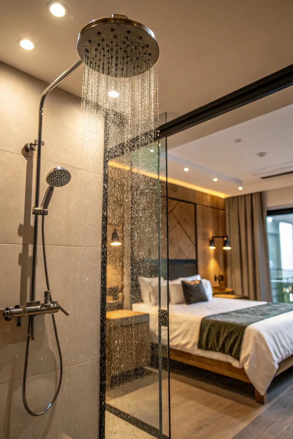 Modern equipment enhances the feel of the bedroom shower.