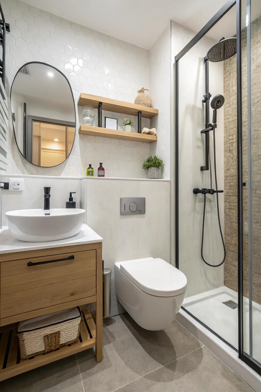 Up-the-wall fixtures maintain an unobstructed floor and a spacious feeling.