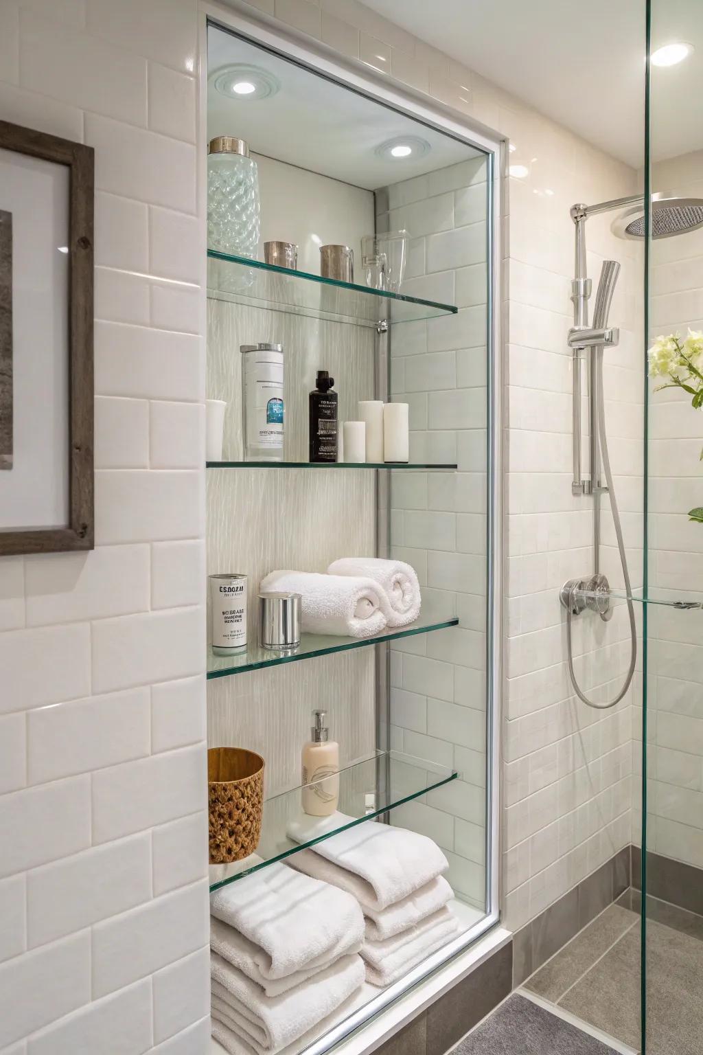 Shower alcove featuring extra shelving for storage