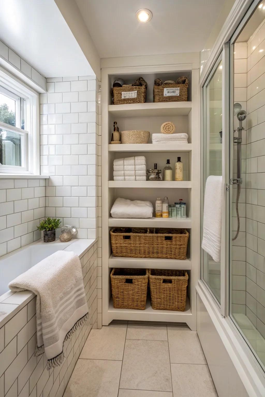 A shower room with innovative storage solutions for a neat and tidy space.