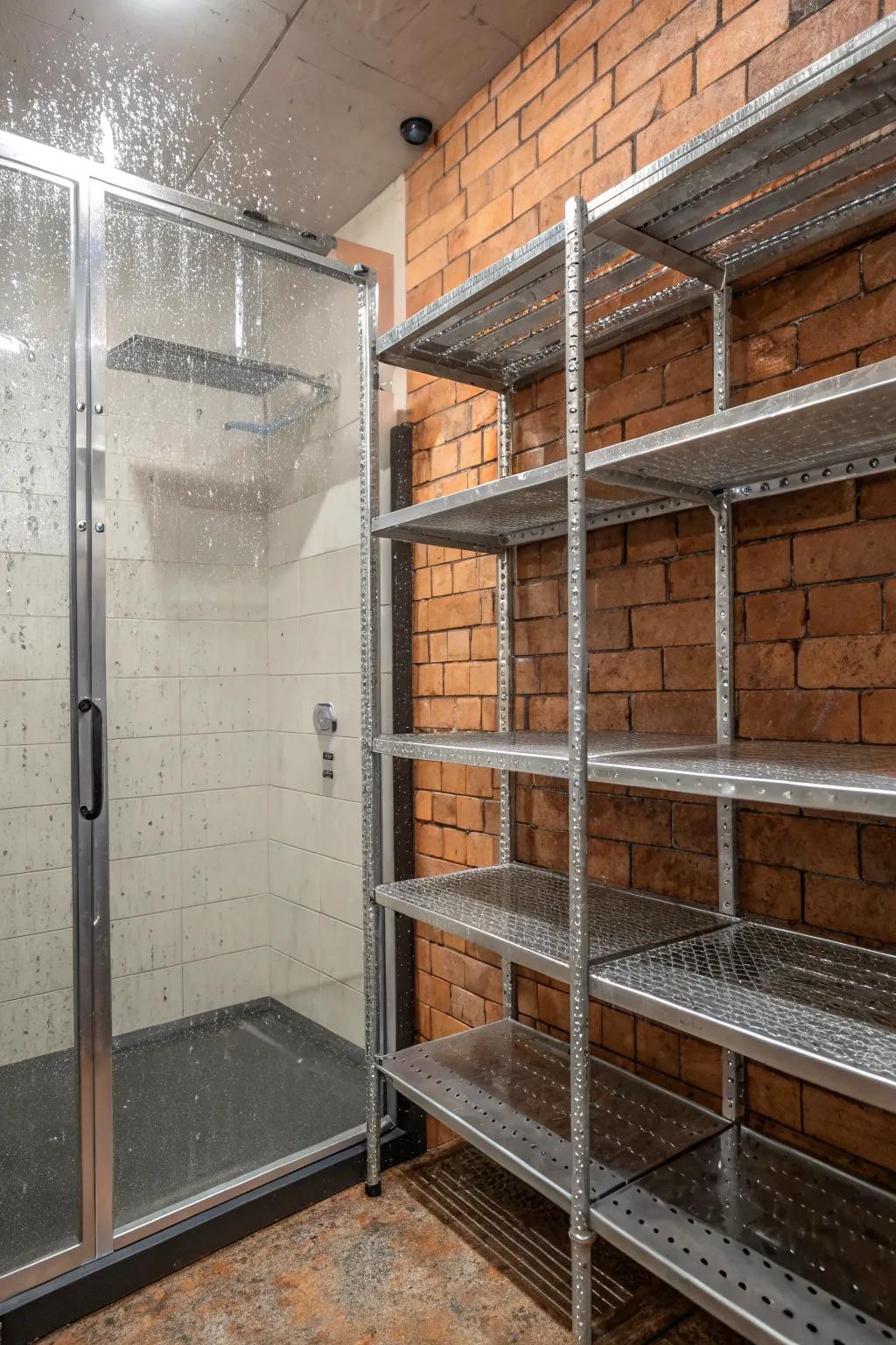 Industrial metal shelves provide durability and a bold, utilitarian look.