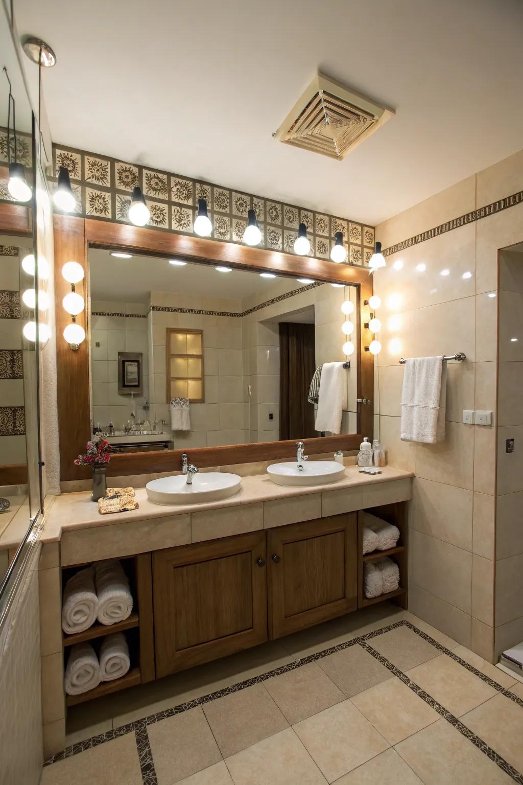 A well-illuminated bathroom showcases various lighting techniques.