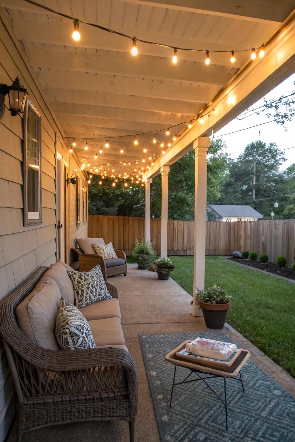 Twinkling string lights spreading a cozy glow across the veranda.