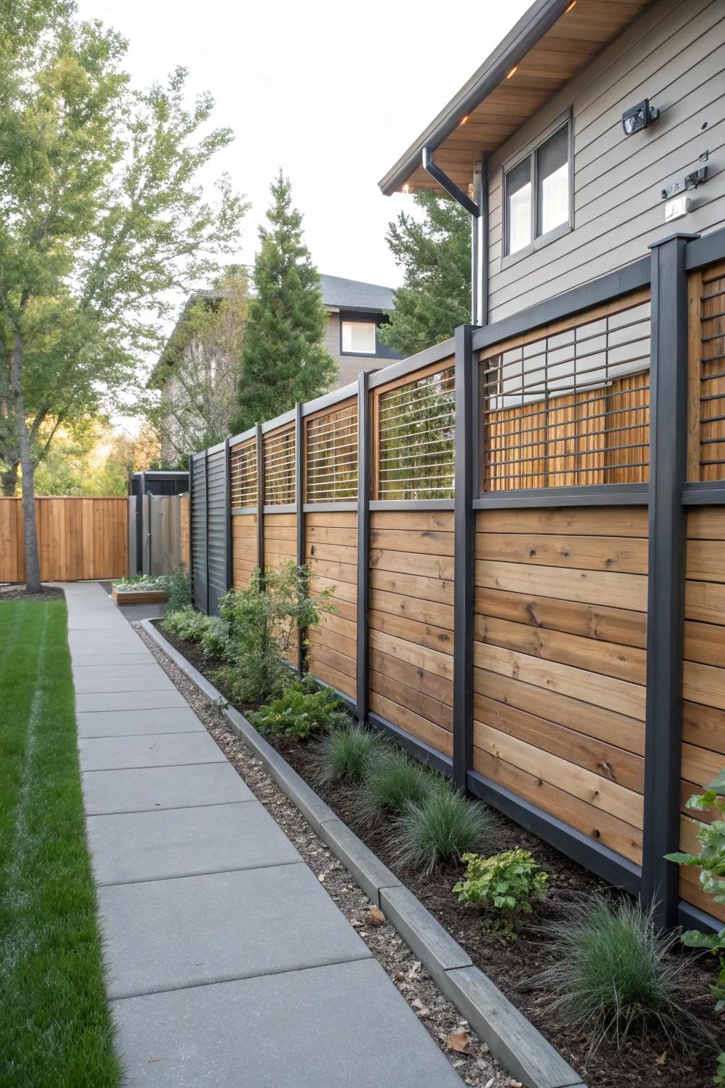Stylish side yard with a mixed material fence.