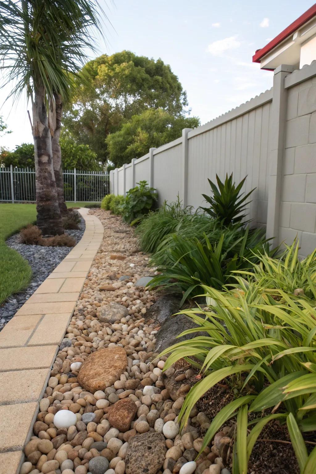 Pebbles offer a sleek and neat replacement for grass in your side yard.