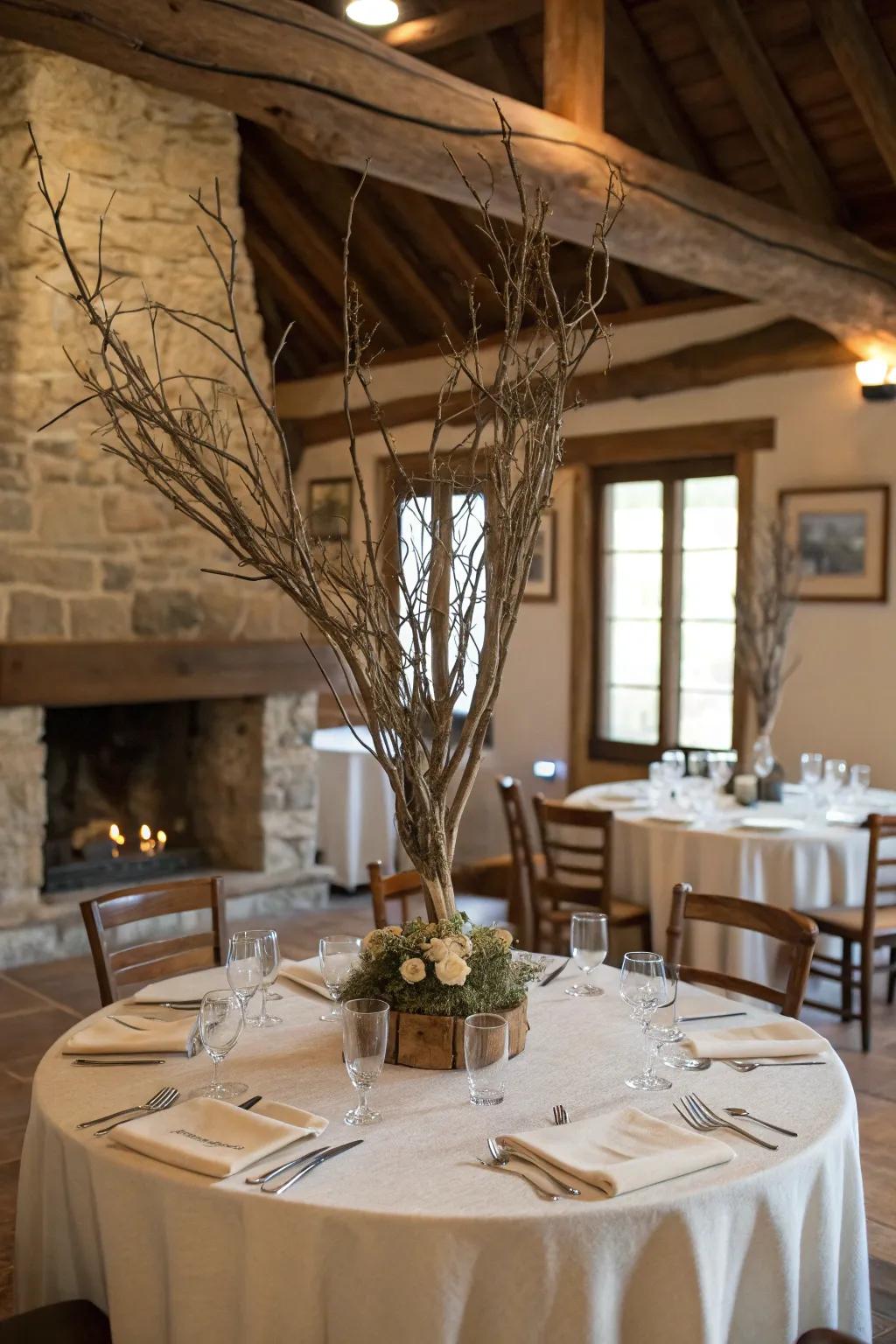 Twigs and branches combine to fashion a rustic and natural centerpiece.