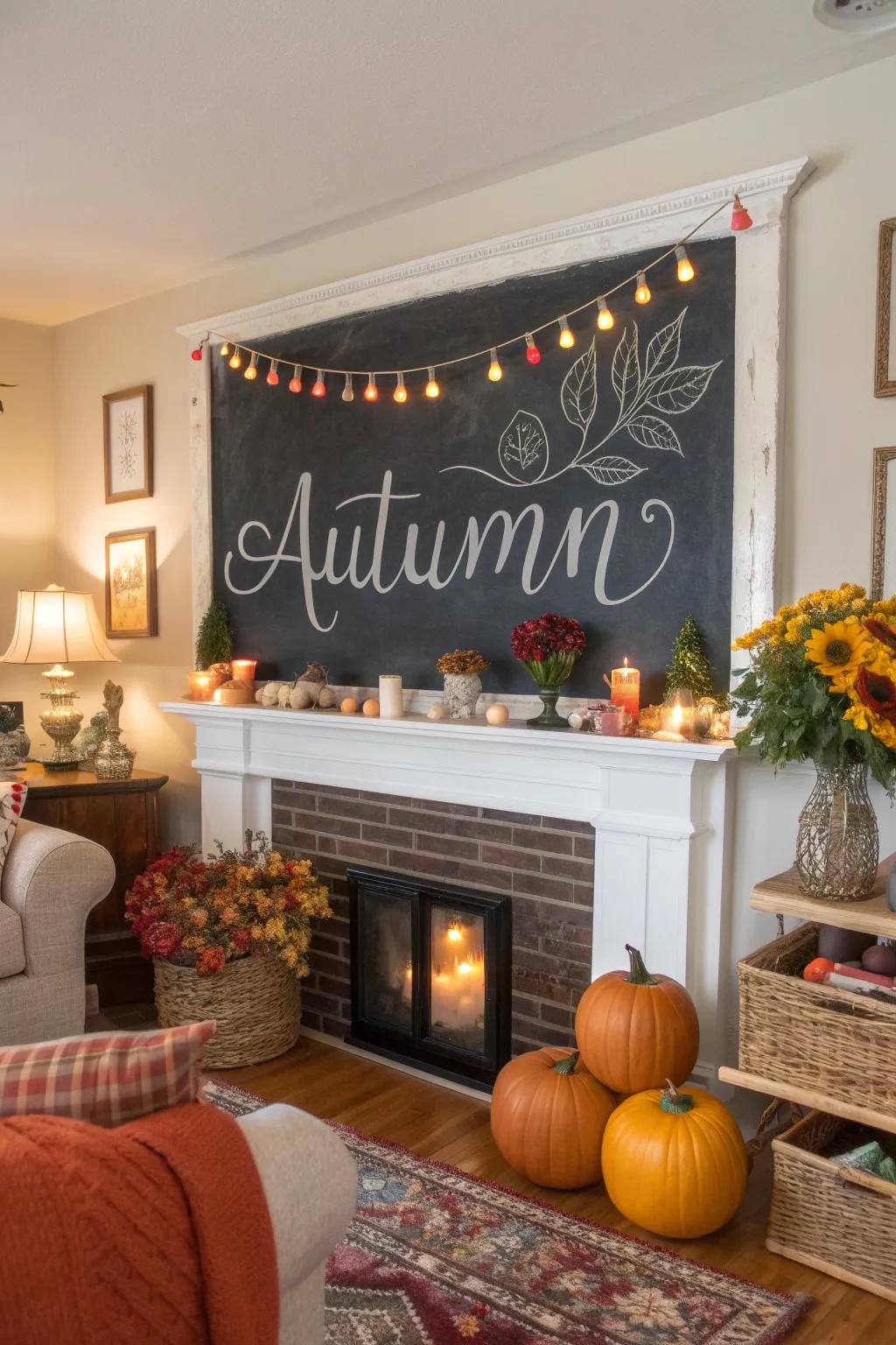 A living room featuring a chalkboard quote inspired by the beauty of autumn.