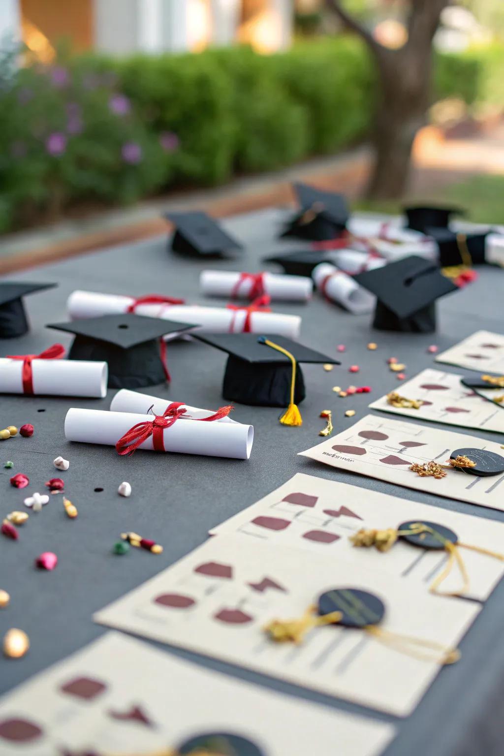 Miniature symbols that celebrate the graduate's success.