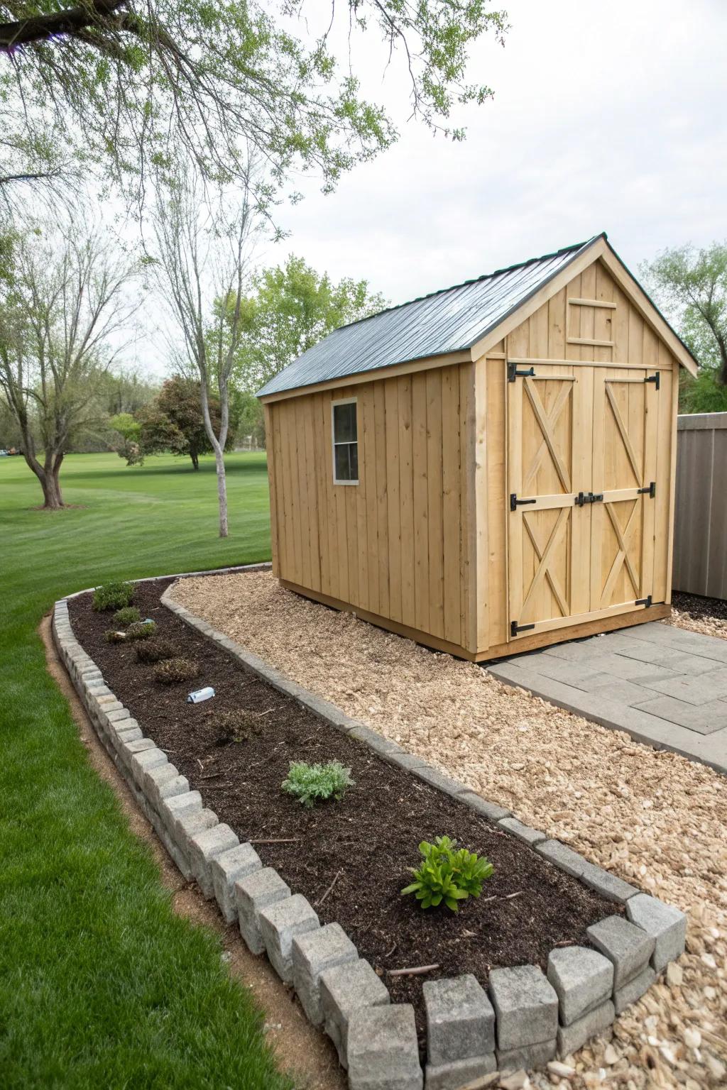 Mulch or gravel establishes a pristine, low-maintenance perimeter for your shed.