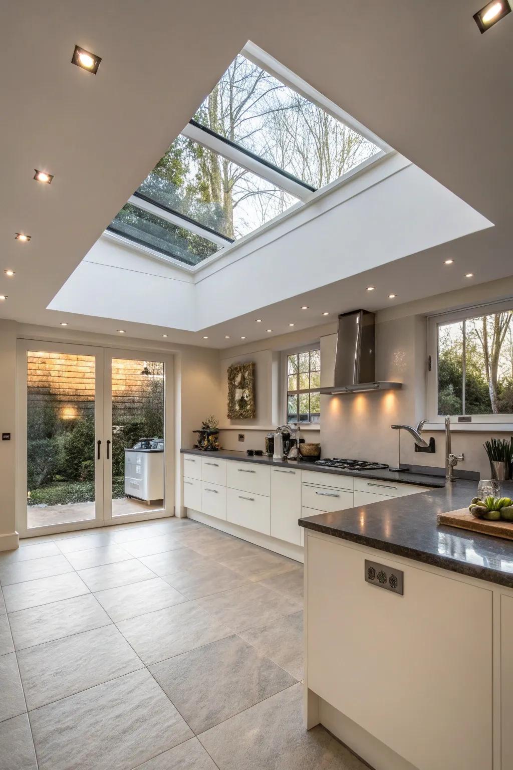 A contemporary kitchen boasting a skylight framed with integrated lighting.