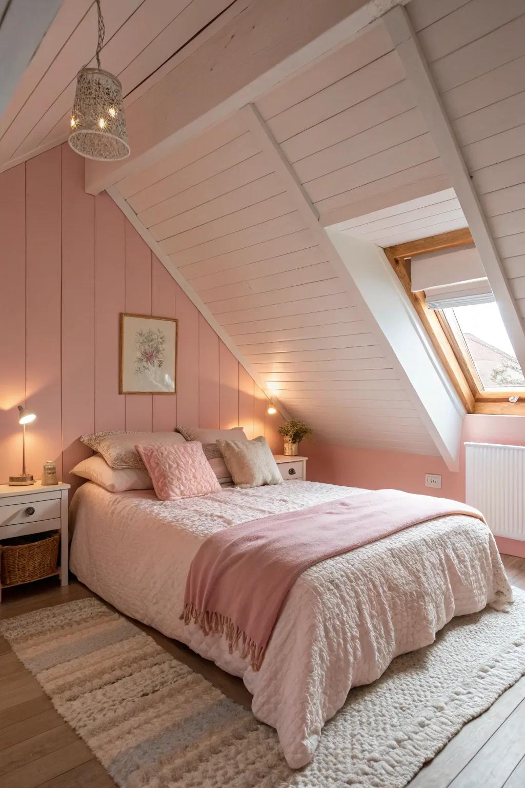 In this bedroom with a slanted ceiling, pastel tones create a dreamy and tranquil retreat.