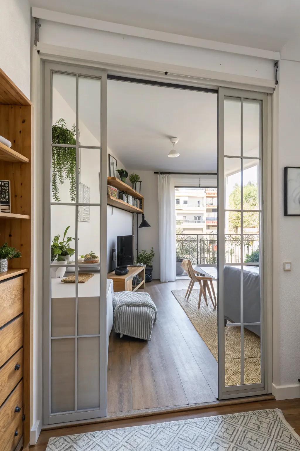 Sliding doors maximize space in this compact apartment.