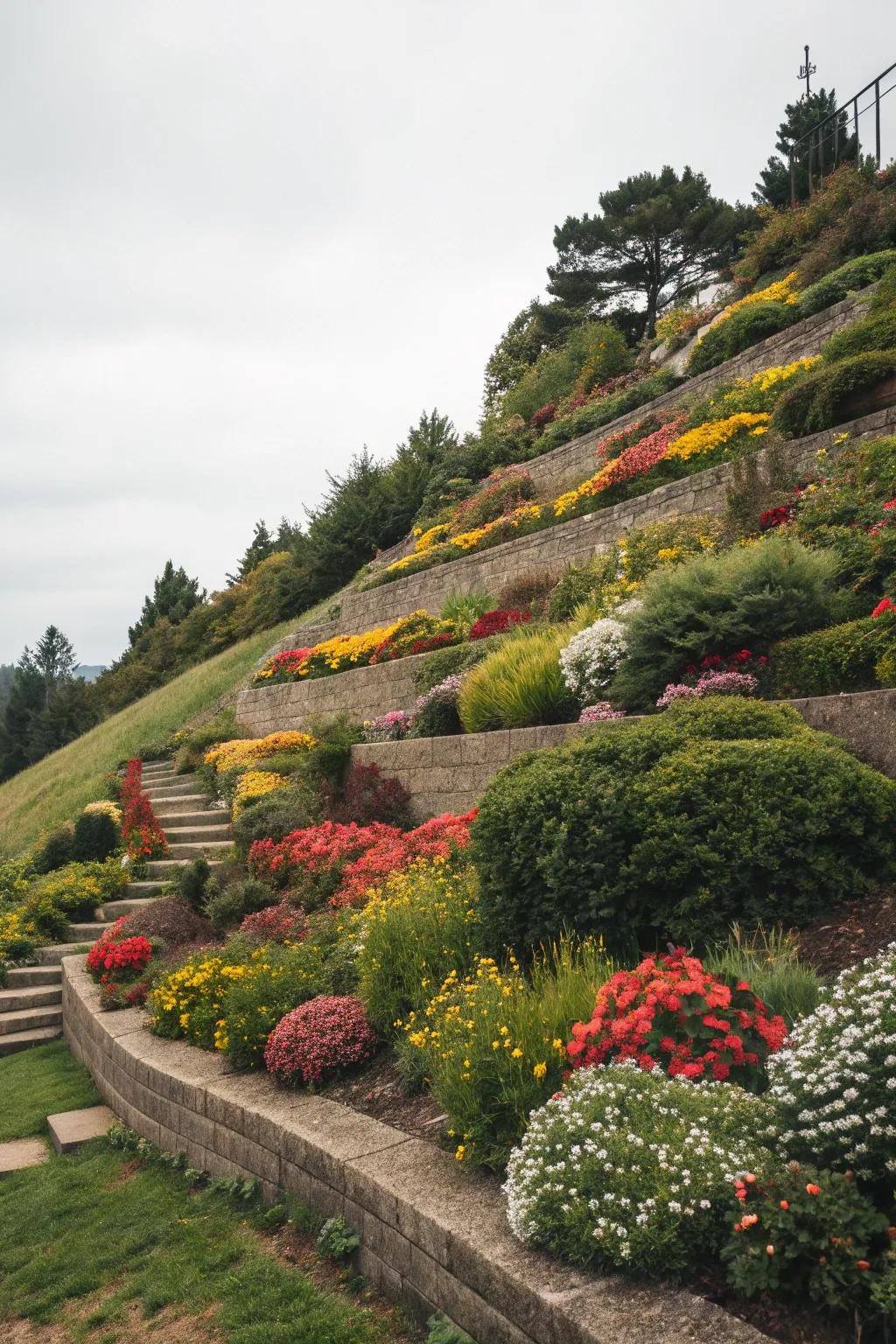Tiered floral beds infuse color and vitality into slopes.