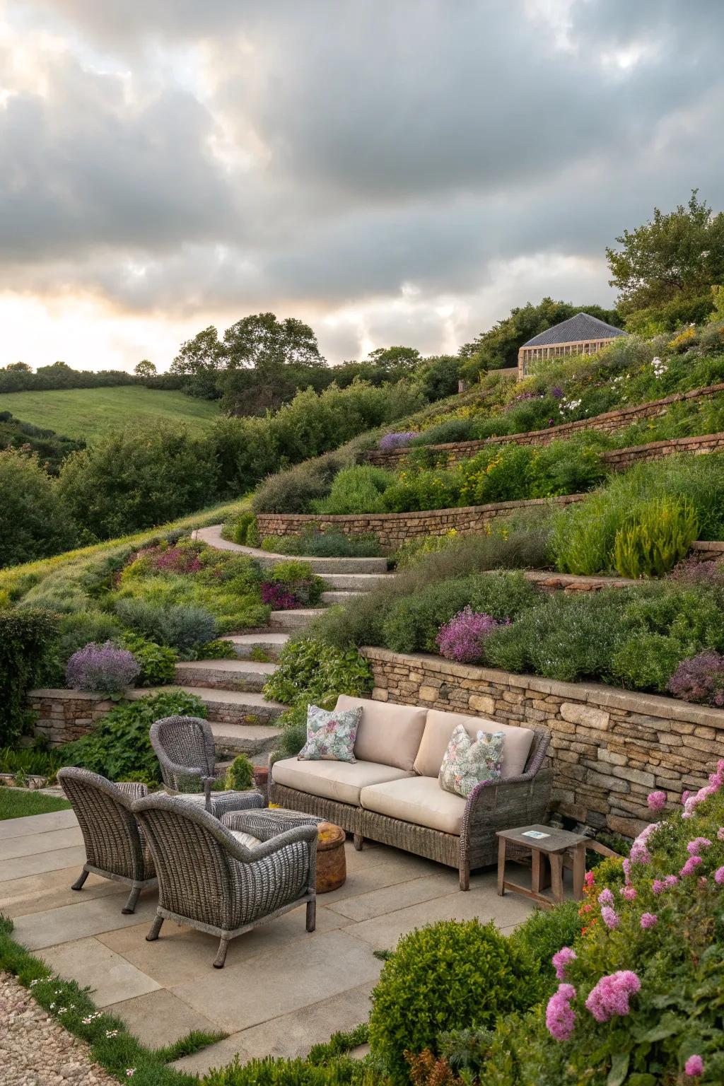 Cozy nooks welcome relaxation in your sloping garden.