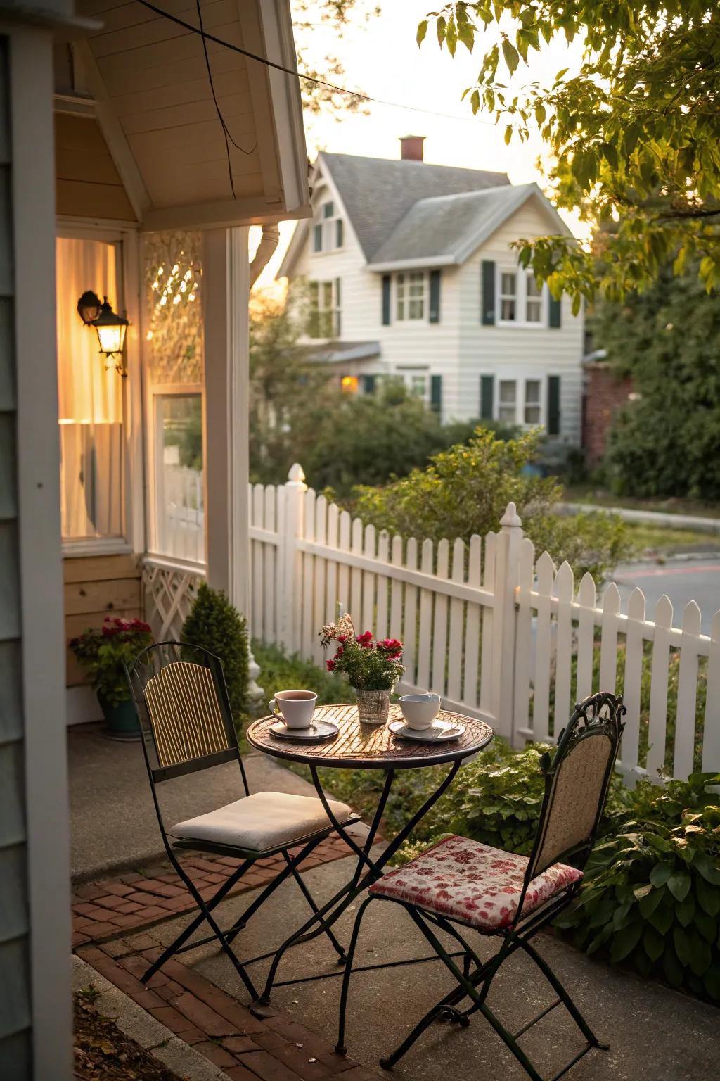 A small bistro set changes a compact back porch for dining.