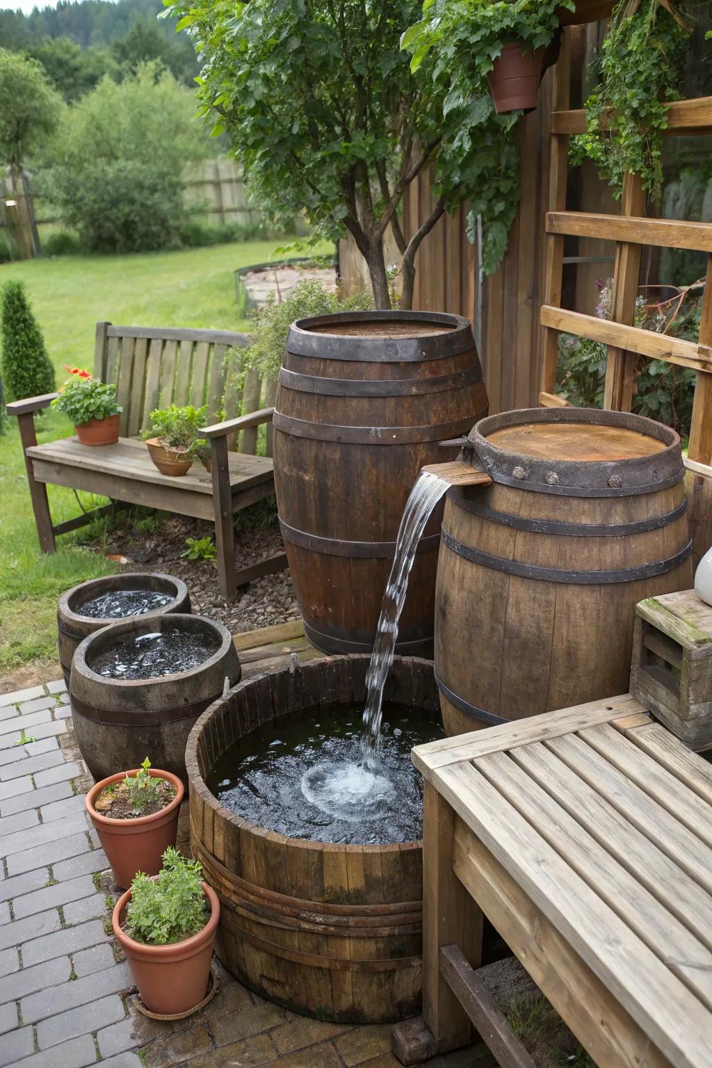 Repurposed containers create a distinctive and charming waterfall element.