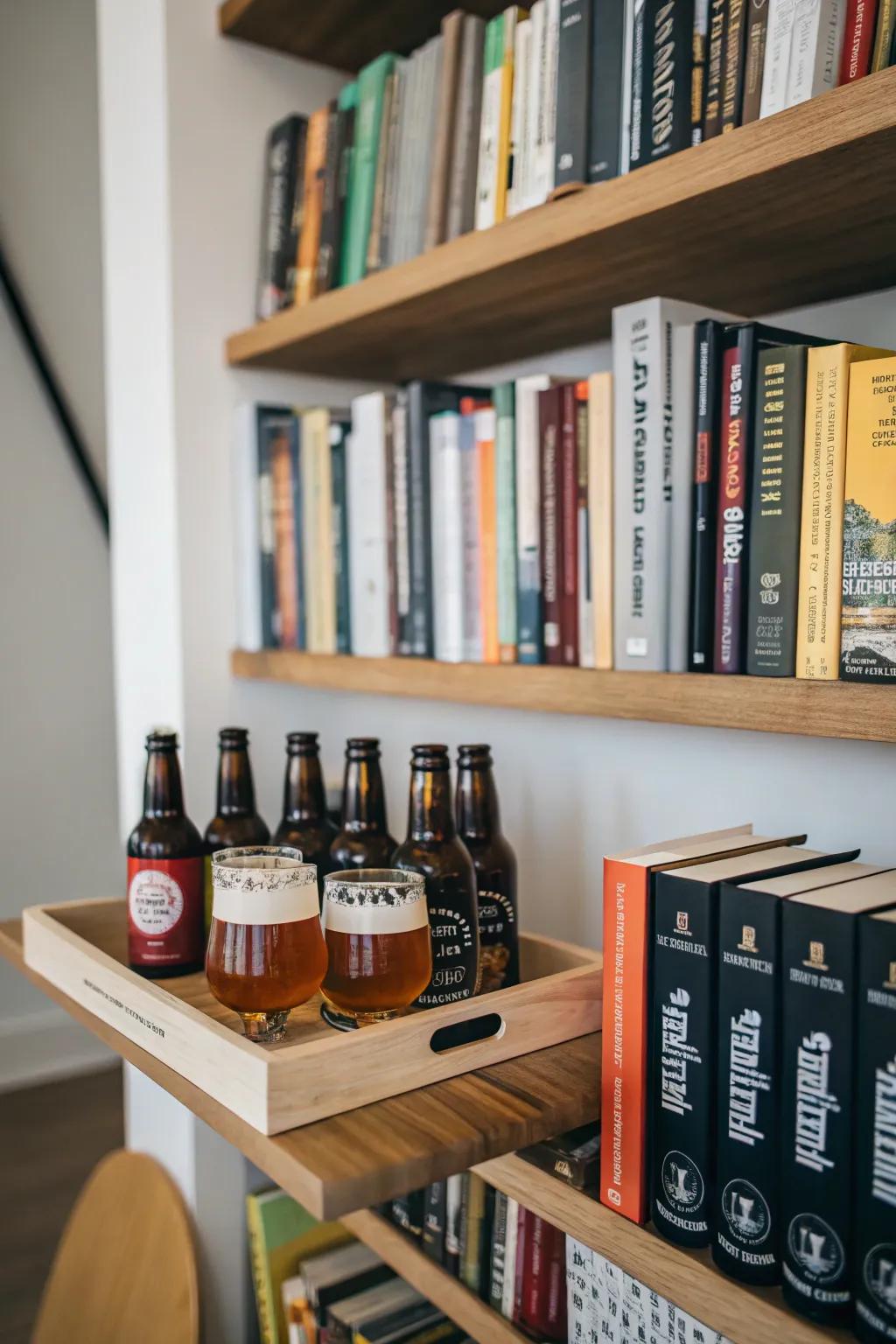 Bookshelf with integrated beer display for a literary twist.