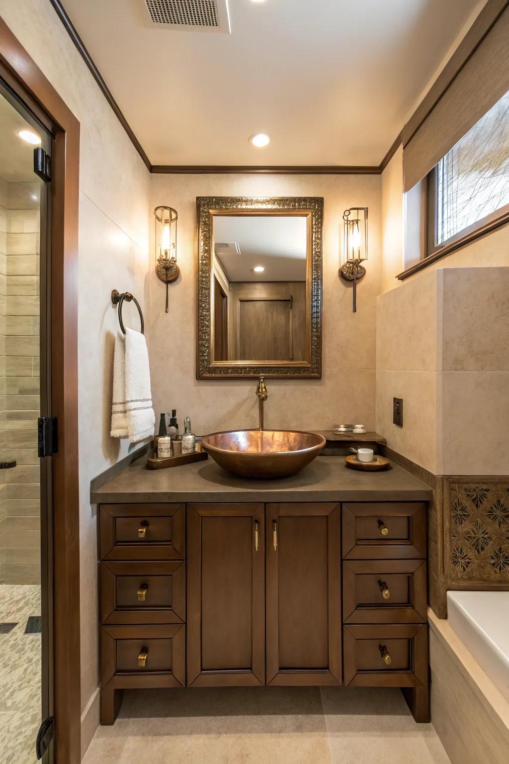 Modern bronze fittings beautifully complement brown shades.