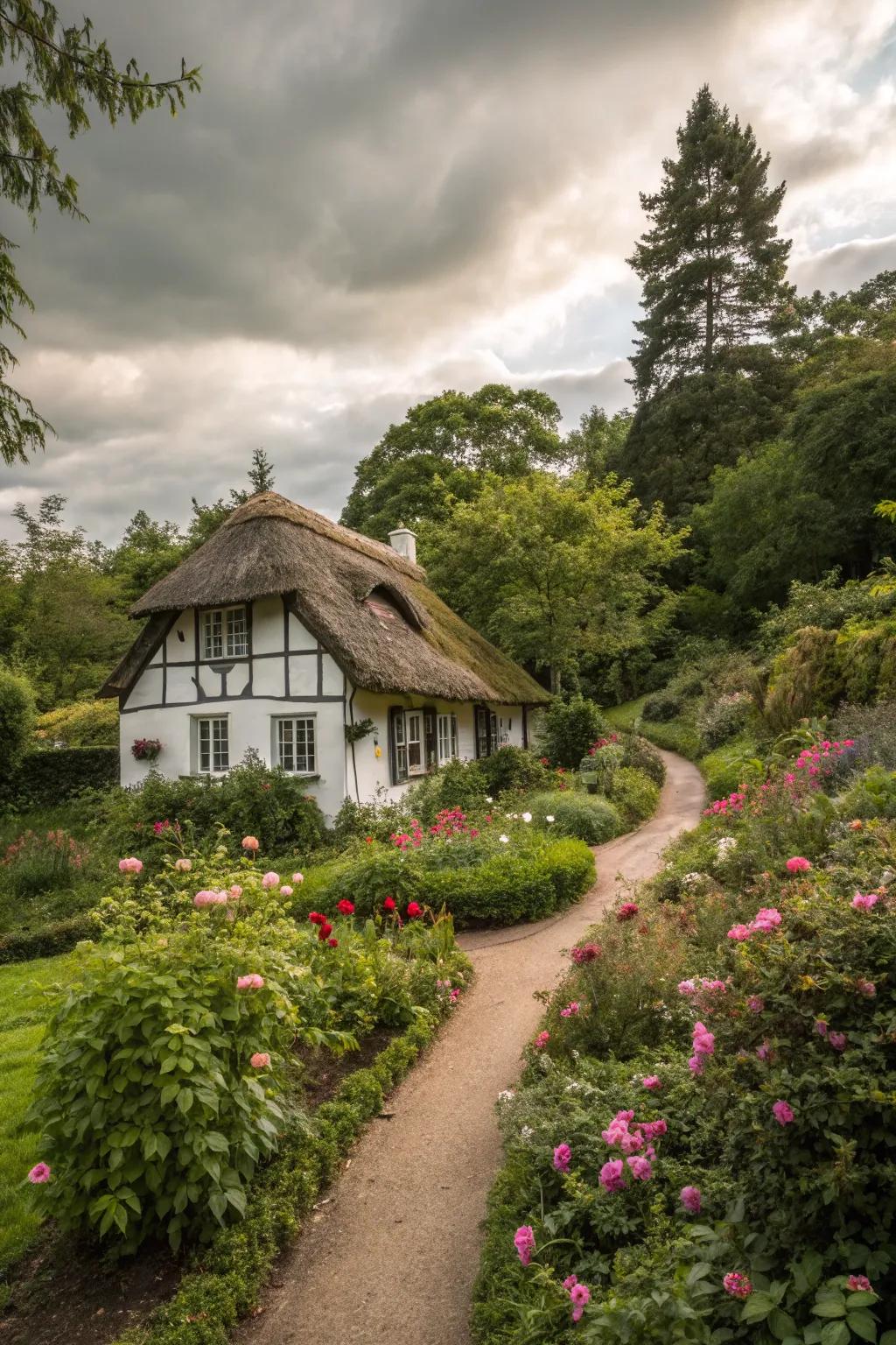 An abundant garden encircles this charming cottage.