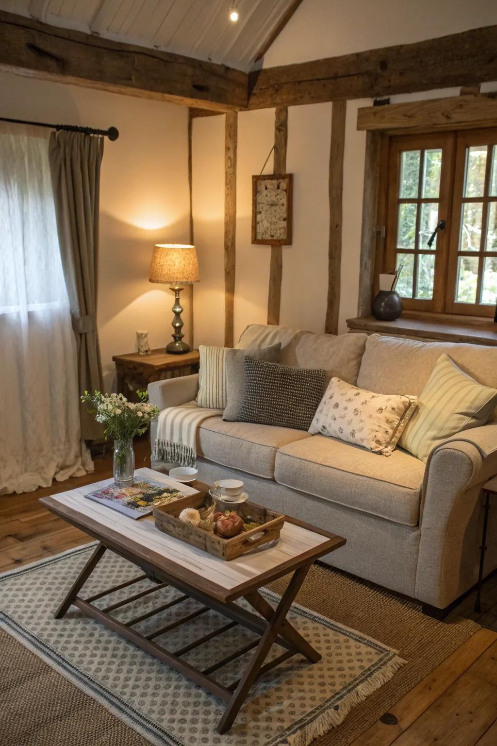 Compact furniture enhances space efficiency in this cottage living room.