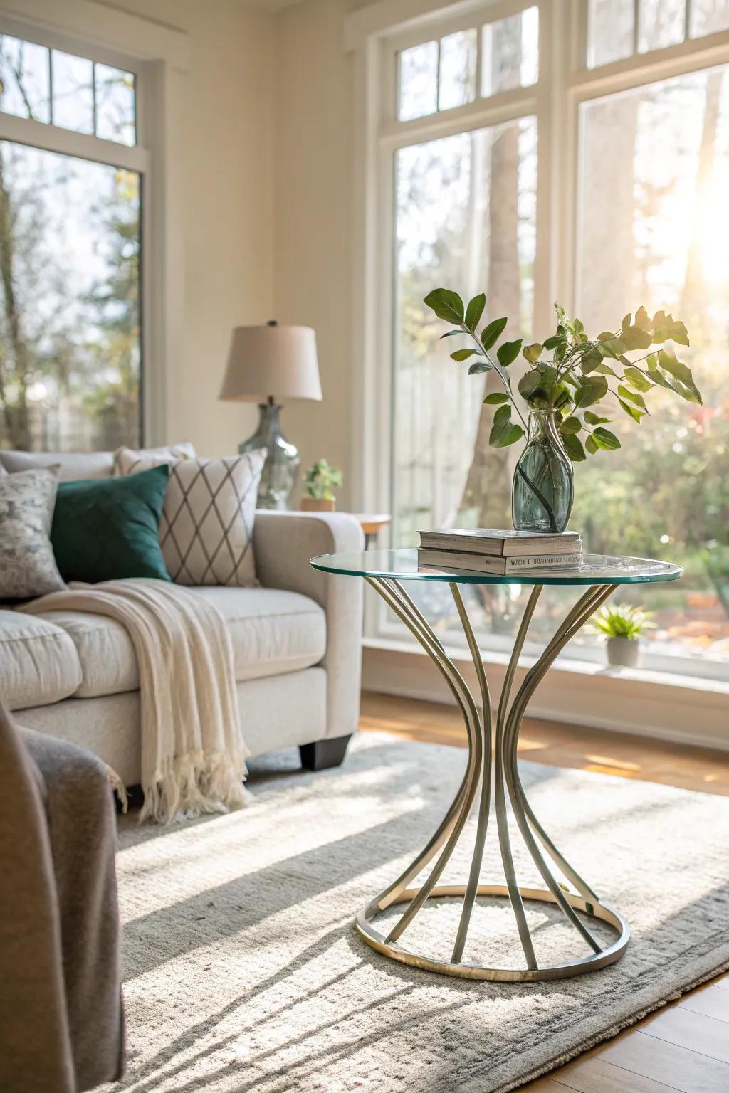 A glass end table accentuates the airy sensation of a living room.