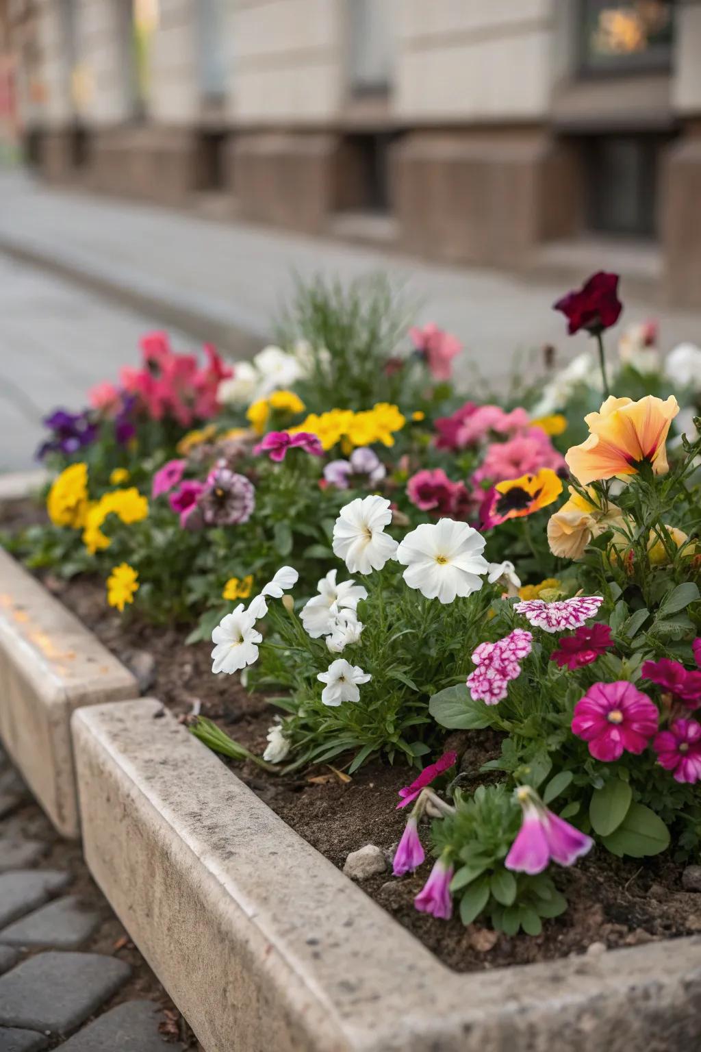 A compact flower garden radiating with a harmonious combination of bright and delicate shades.