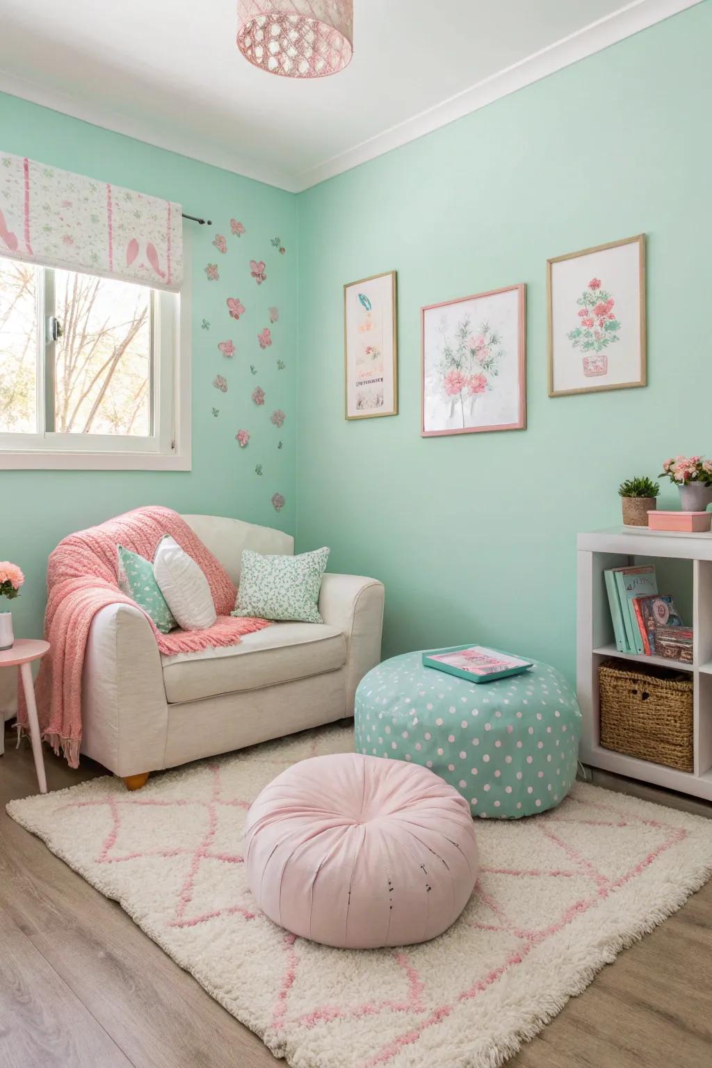 A compact living area featuring mint walls and pastel highlights.