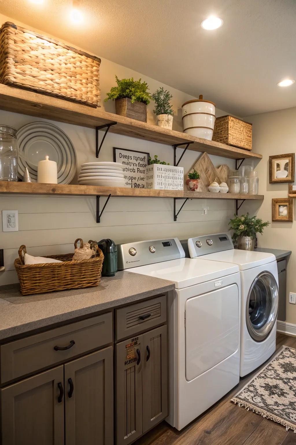 A kitchen showcasing open shelving above laundry appliances, perfectly blending practicality with style.
