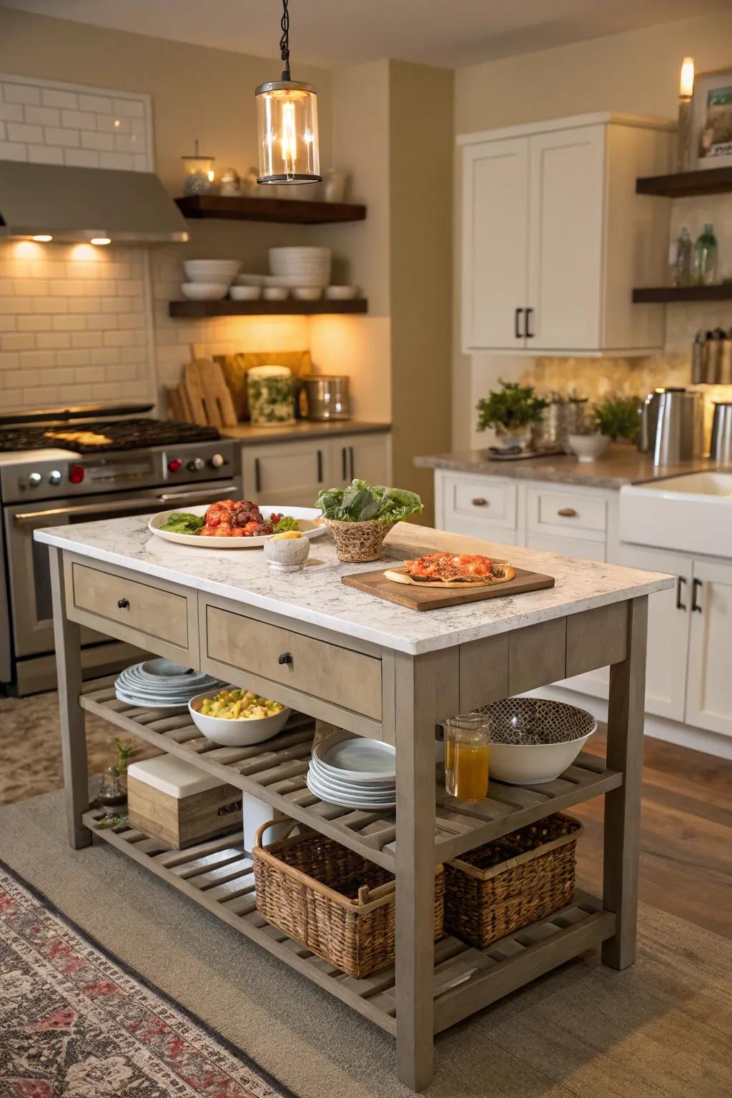 A center island can fulfill numerous roles in a compact kitchen.