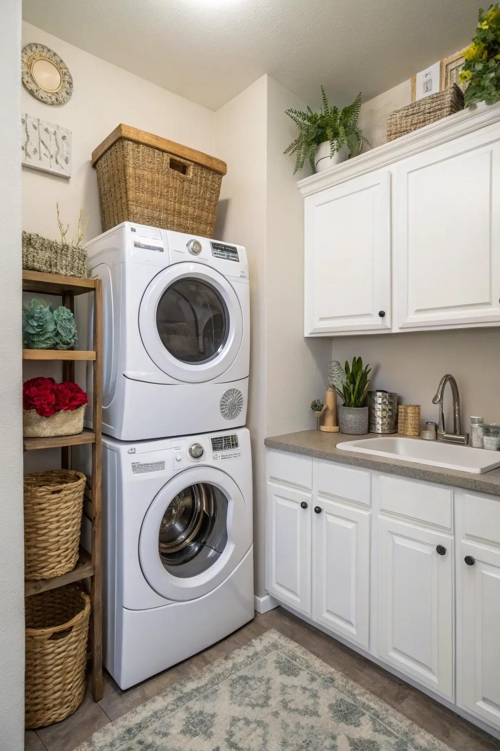 Stacking appliances can maximize space efficiency in small laundry rooms.