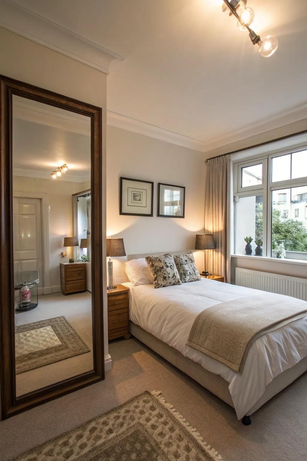 Mirrors reflect light, resulting in a small master bedroom that appears more spacious.