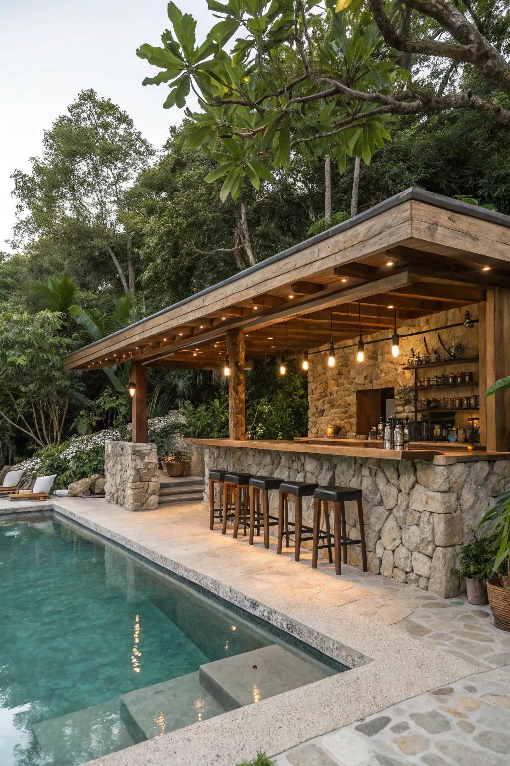 Natural elements like stone and wood introduce a hint of rustic elegance to poolside bars.