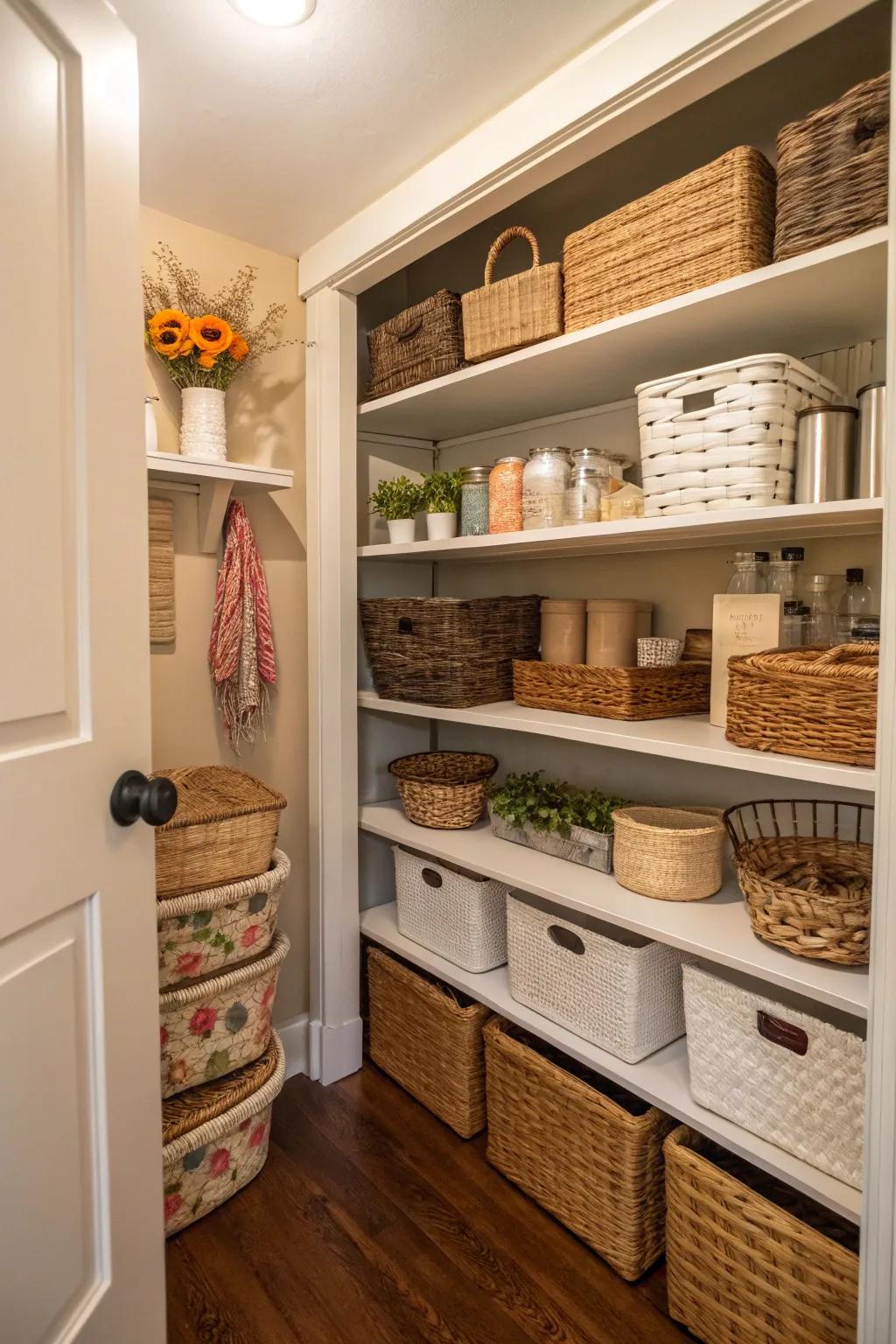 Decorative baskets provide both storage and style.