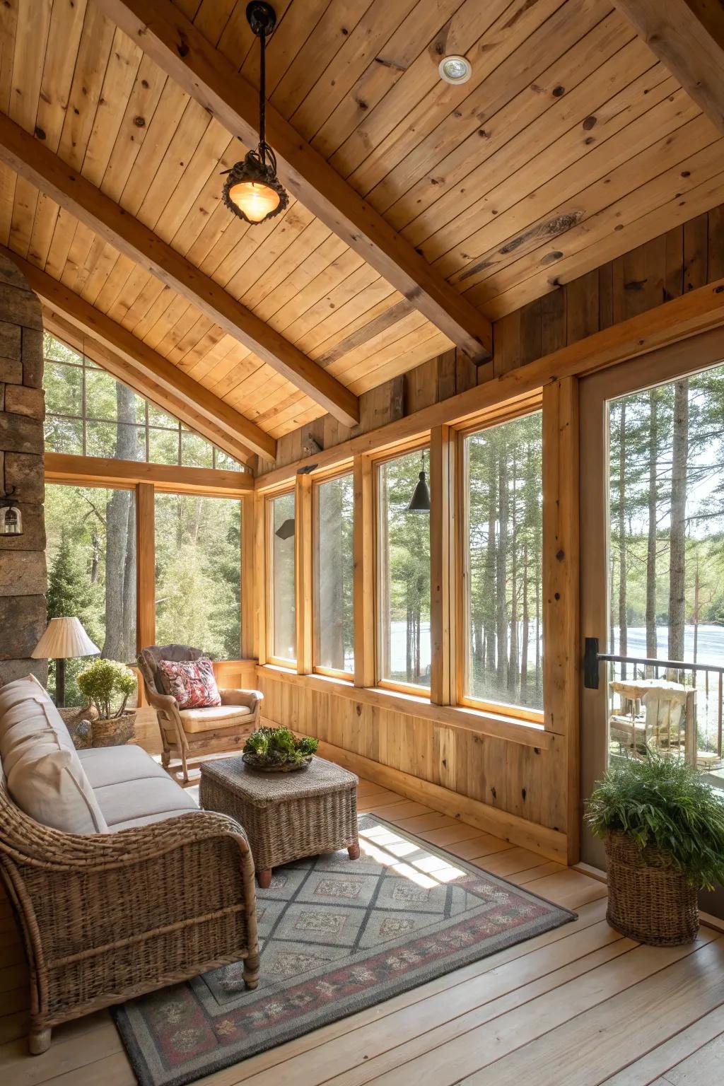 Raw timber elements create a warm and appealing environment in a country-style solarium.