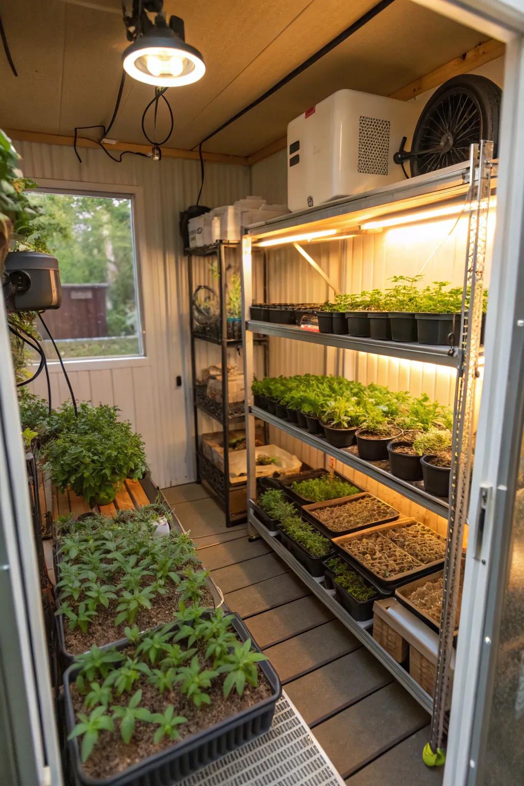 A vibrant small greenhouse inside a small shed.