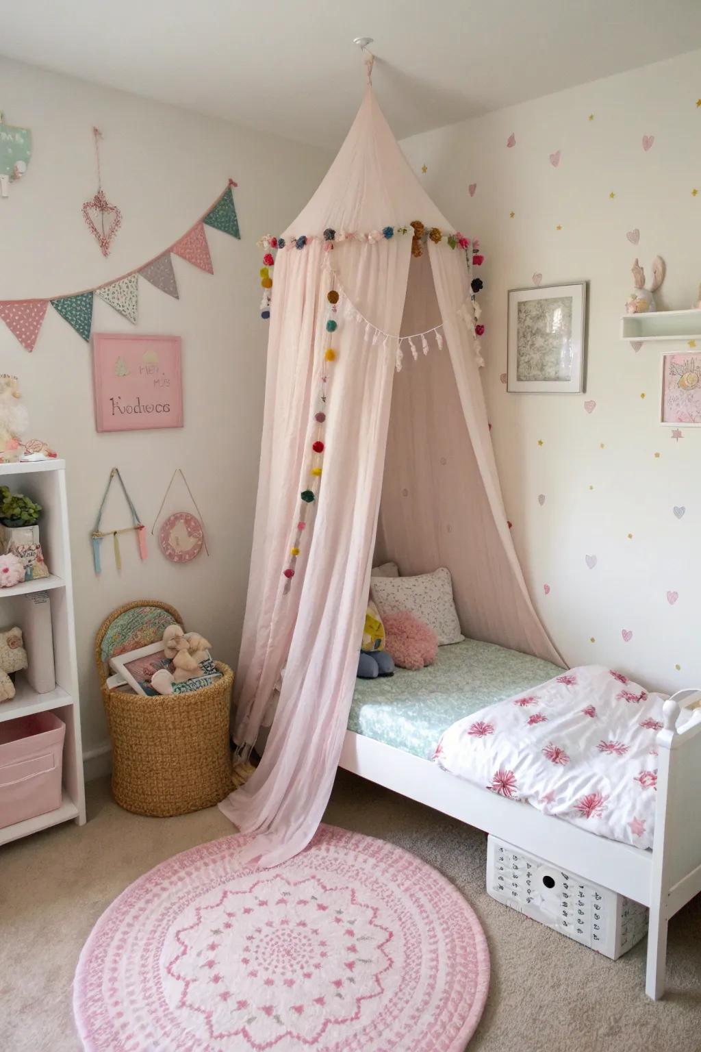 A delicate canopy establishes a welcoming and fanciful alcove.