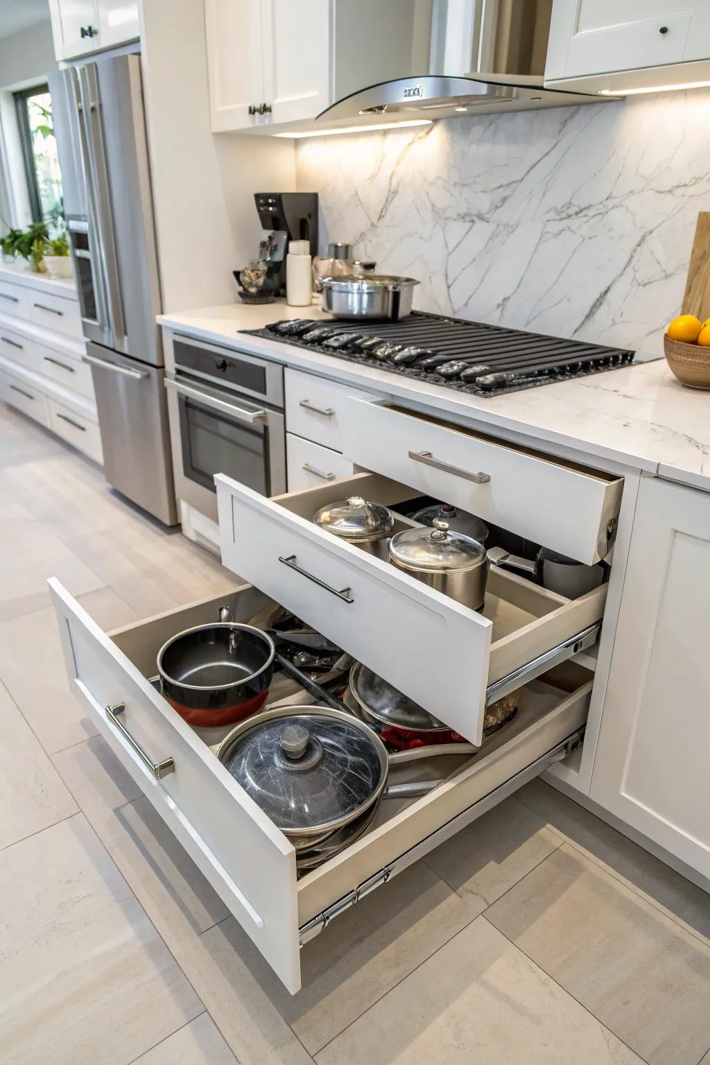 Pull-out drawers help keep kitchen must-haves in order.