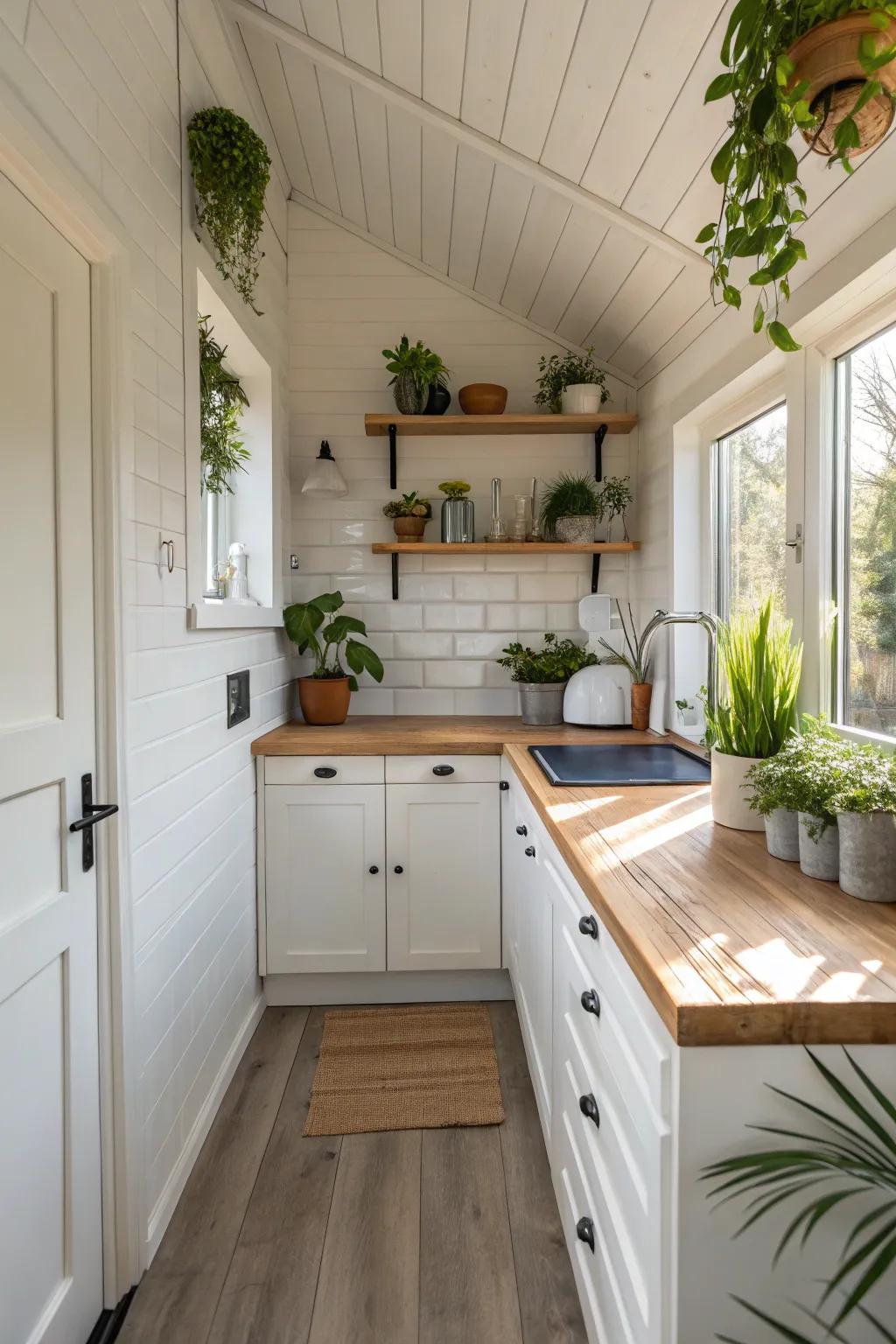 Organic elements add coziness to a bright kitchen.