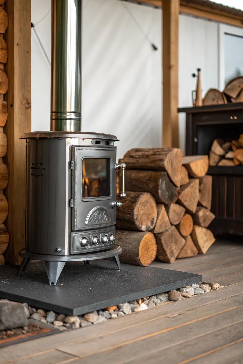 A perfect blend of modern and rustic elements with a sleek hearth heater and wooden accents.