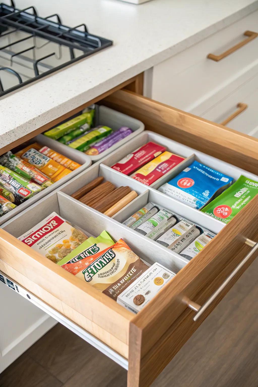 Drawer dividers help maintain order in snack storage.