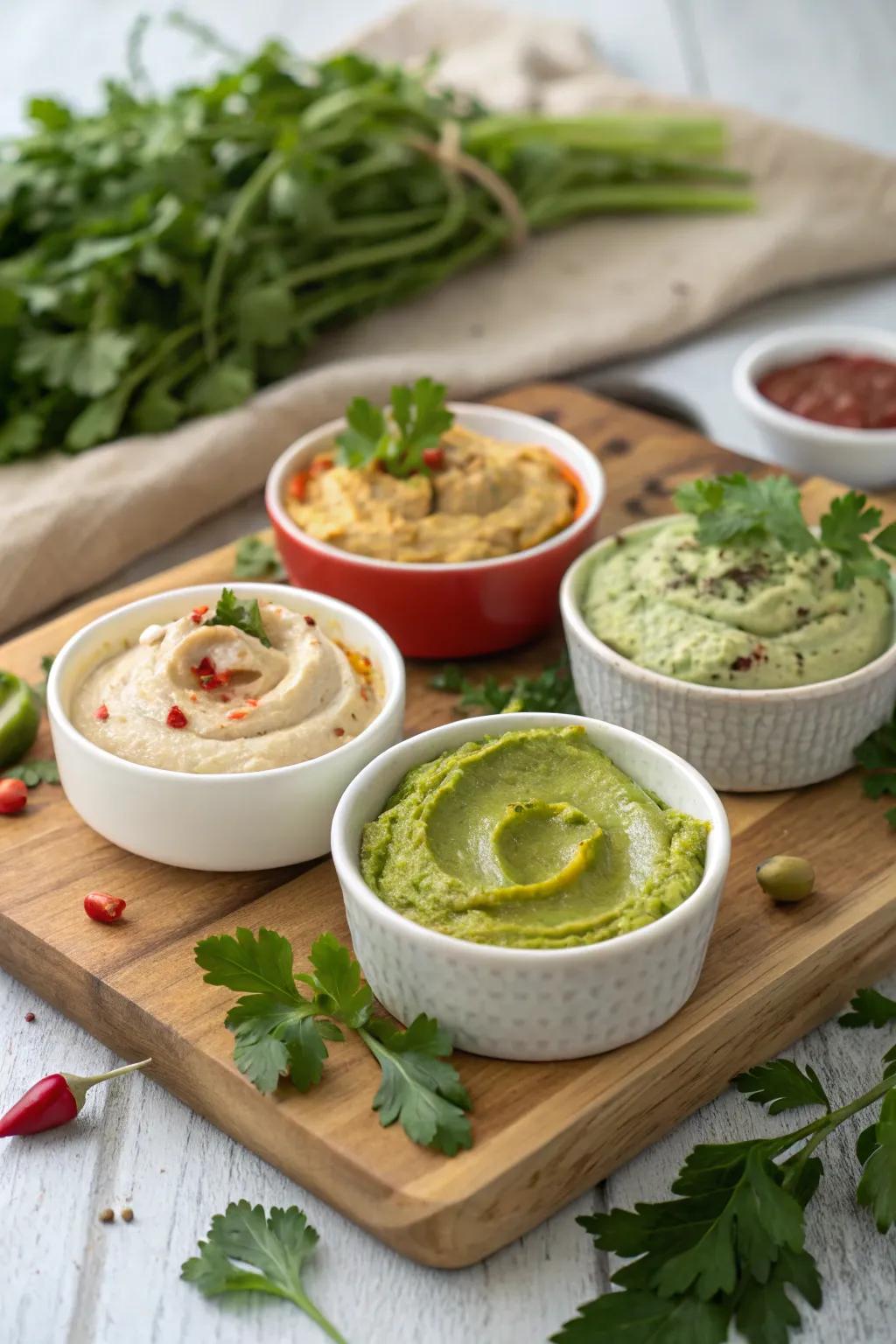 A medley of dips for endless dipping possibilities.