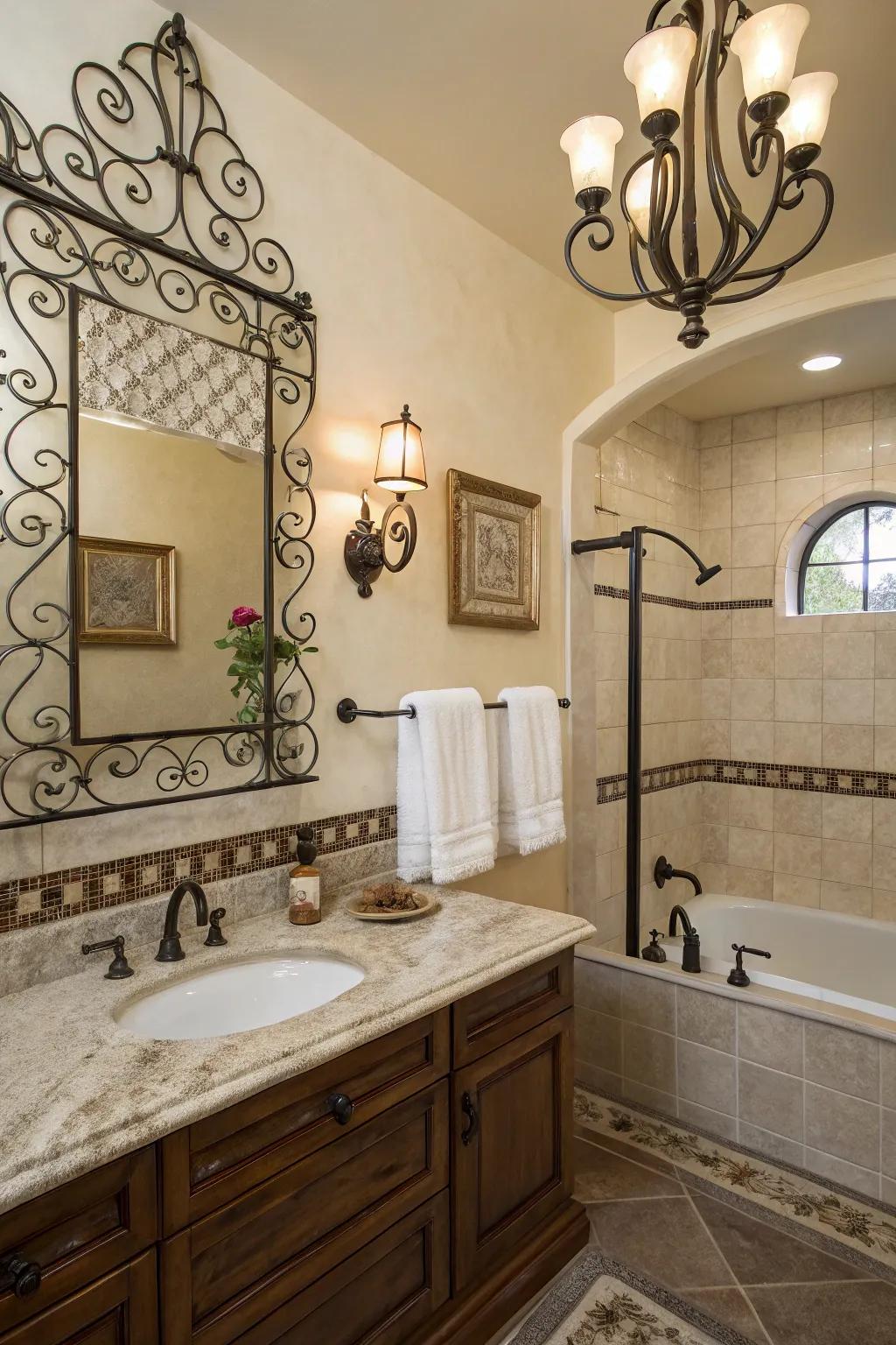 Iron art pieces gives your bathroom a vintage elegance.