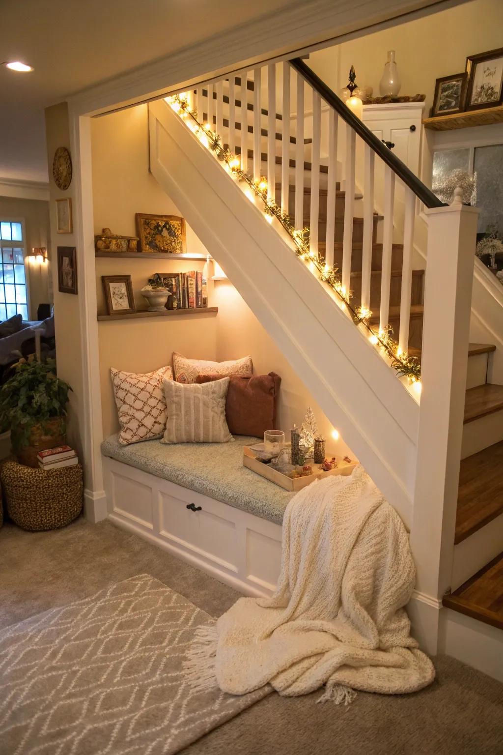 A comfortable corner under the steps provides a perfect getaway.