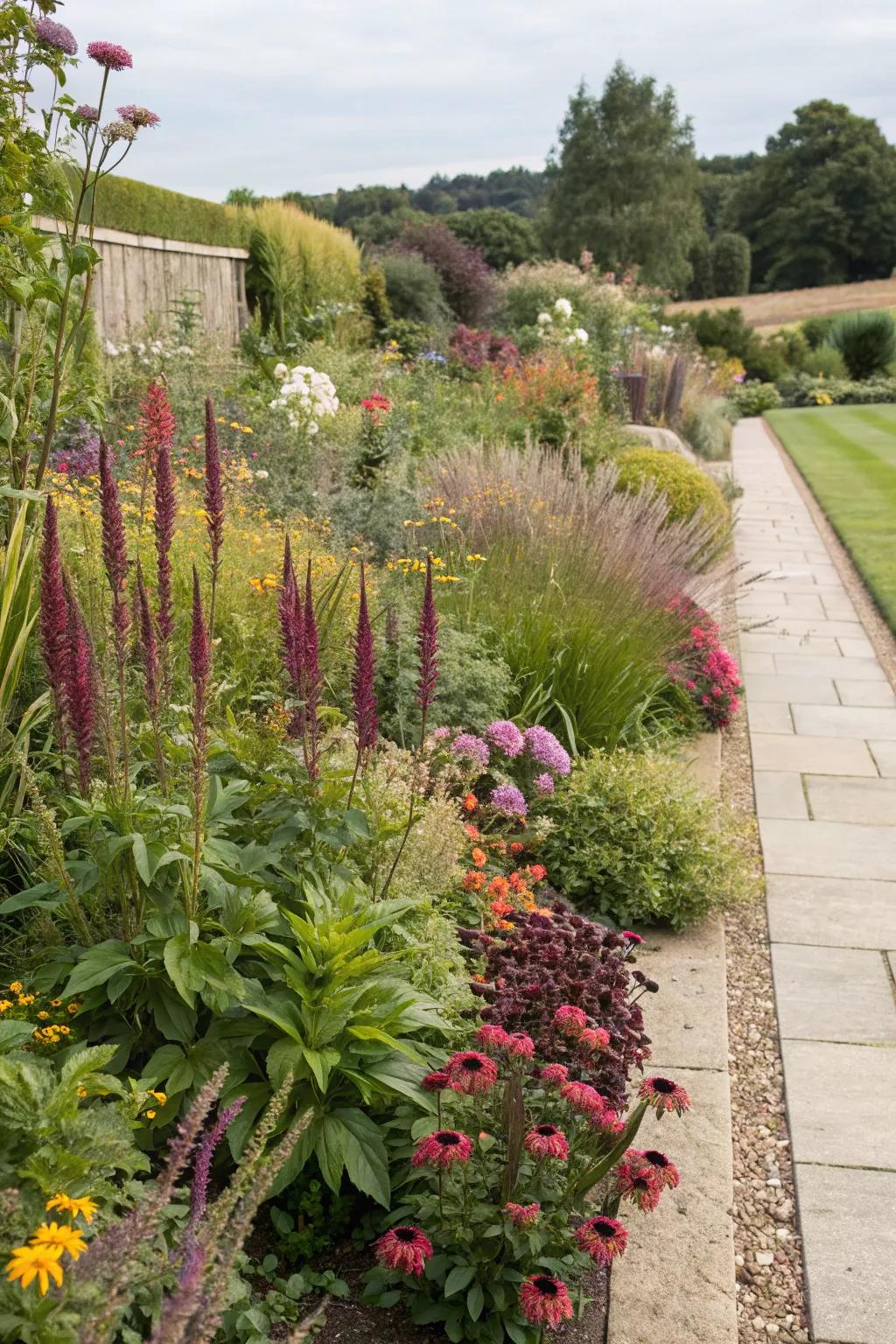 Layered planting infuses depth and dimension into garden borders.
