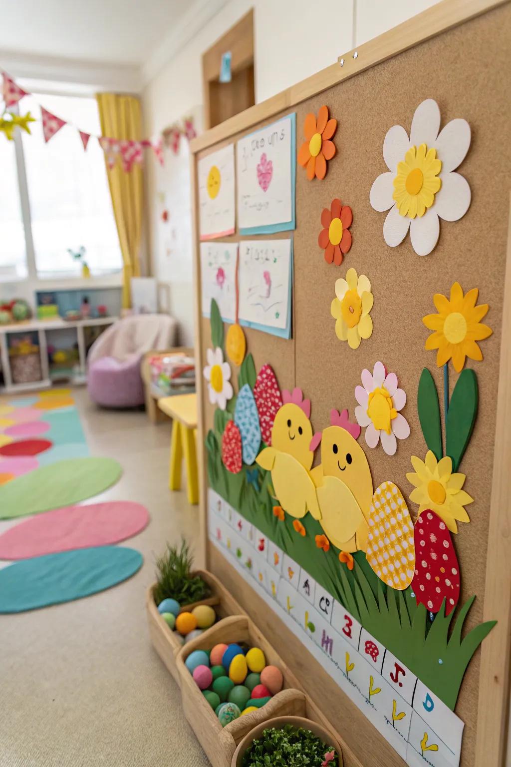 Charming chicks peeking out add a whimsical touch to your board.
