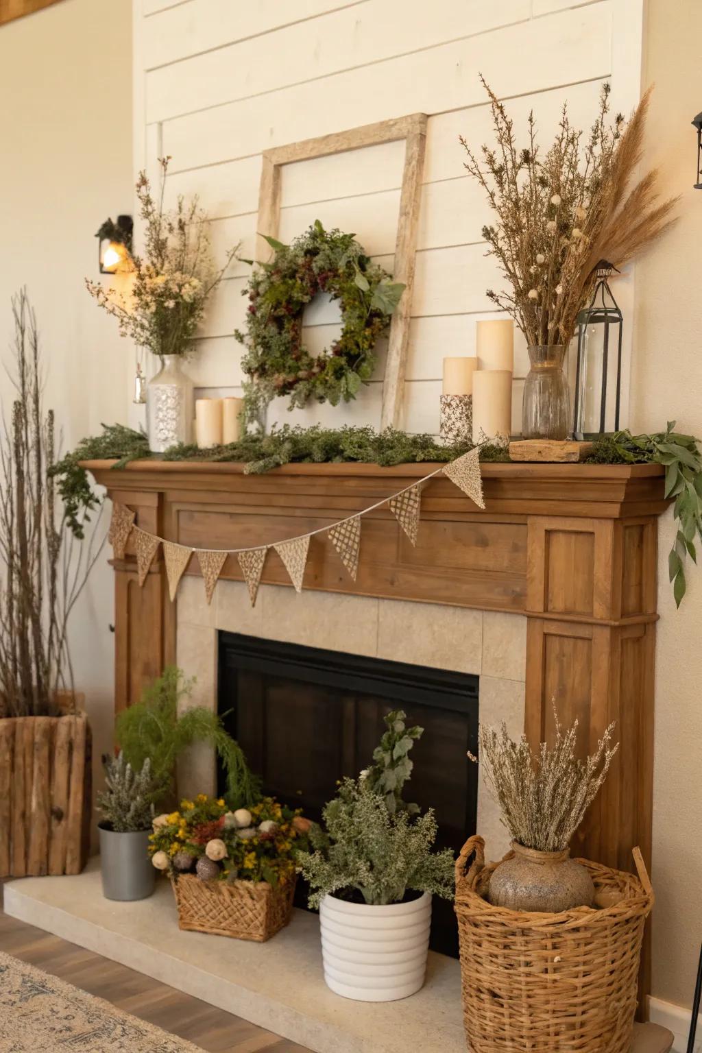 Natural elements bring a serene and organic feel to your spring mantel.