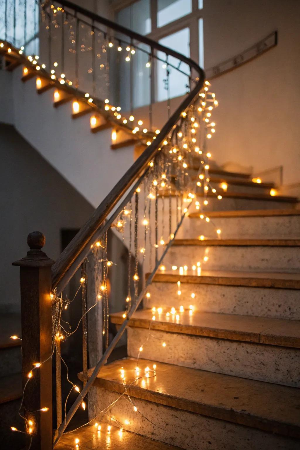 A staircase illuminated by shining glow lights.