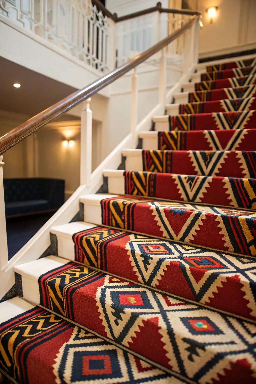 Patterned designs transform ordinary stairs into stunning visual focal points.