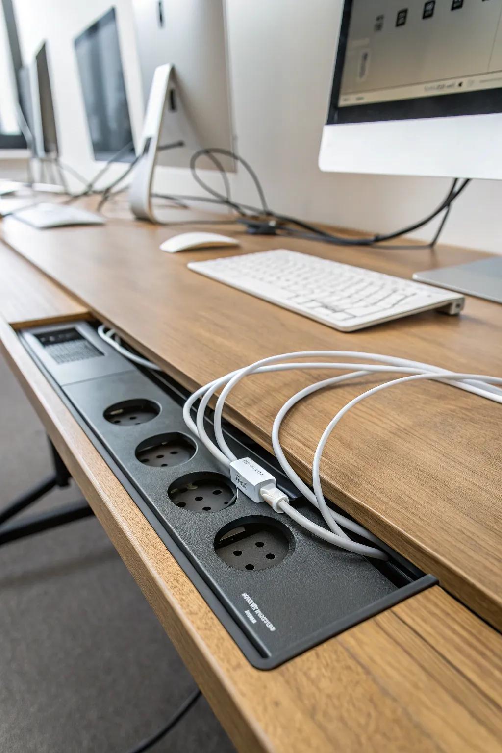 Desk feedthroughs provide a subtle way to route cables through your workspace.