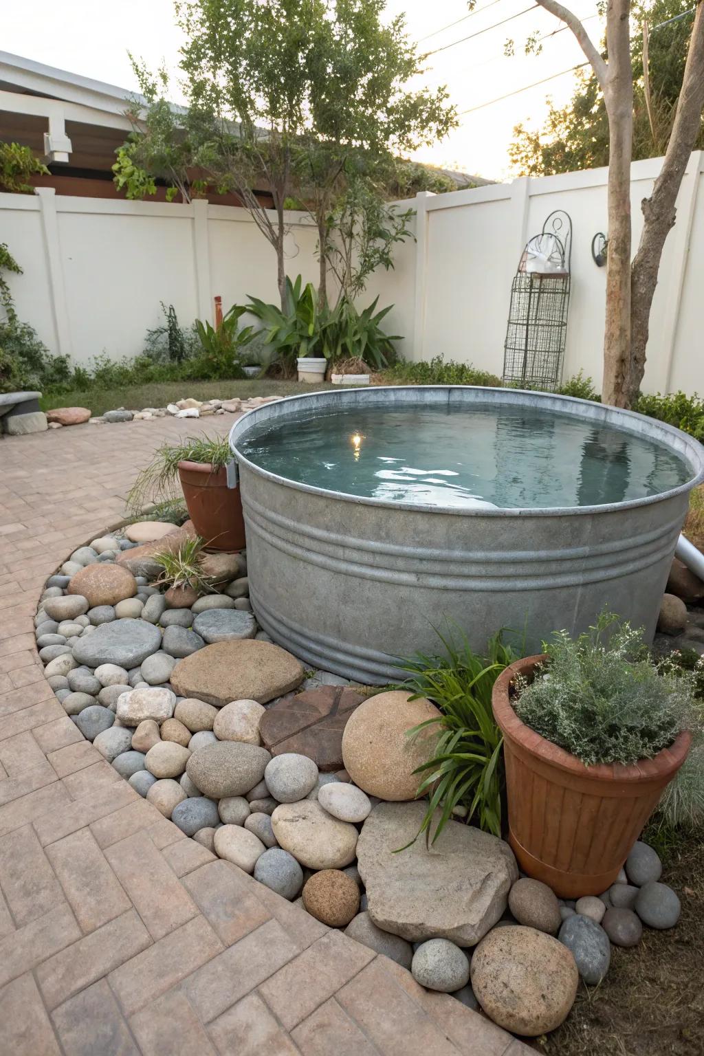 Earthy accents construct a rustic charm near a water trough pool.
